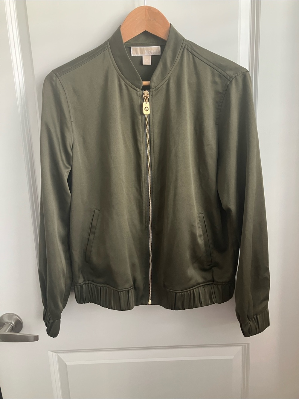 Michael Kors Satin Bomber Jacket in Olive - Picture 3 of 7